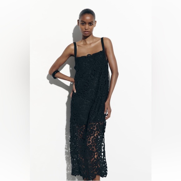 Zara MACRAMÉ KNIT DRESS. Black. Size S. New with Tags. - Picture 2 of 8